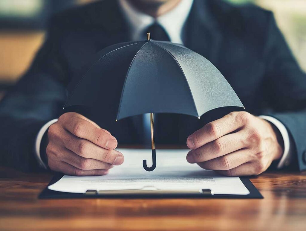 A person reviews a credit report and insurance documents at their kitchen table with a laptop and calculator.