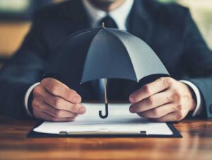 A person reviews a credit report and insurance documents at their kitchen table with a laptop and calculator.